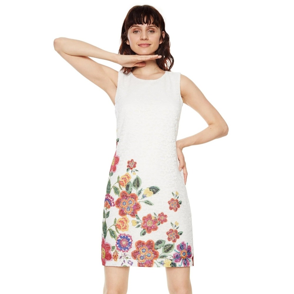 Desigual Floral Textured Shift Dress White Sleeveless Boho Art Garden Dress M
